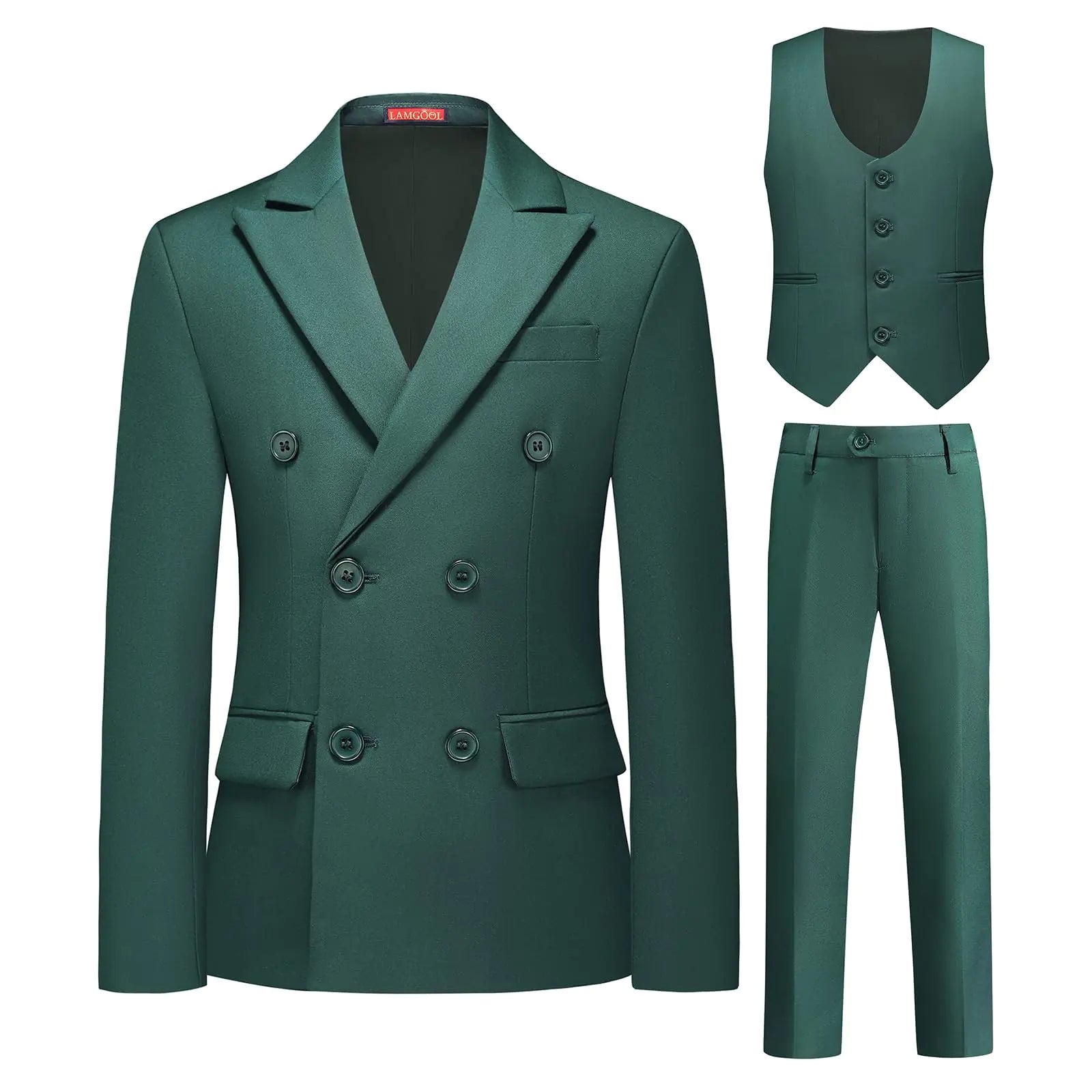Lamgool Boys Suit 3 Piece Slim Fit Tuxedo Double Breasted Kids Formal Outfit Set Size 12 with Green Blazer Vest Pant for Wedding Prom