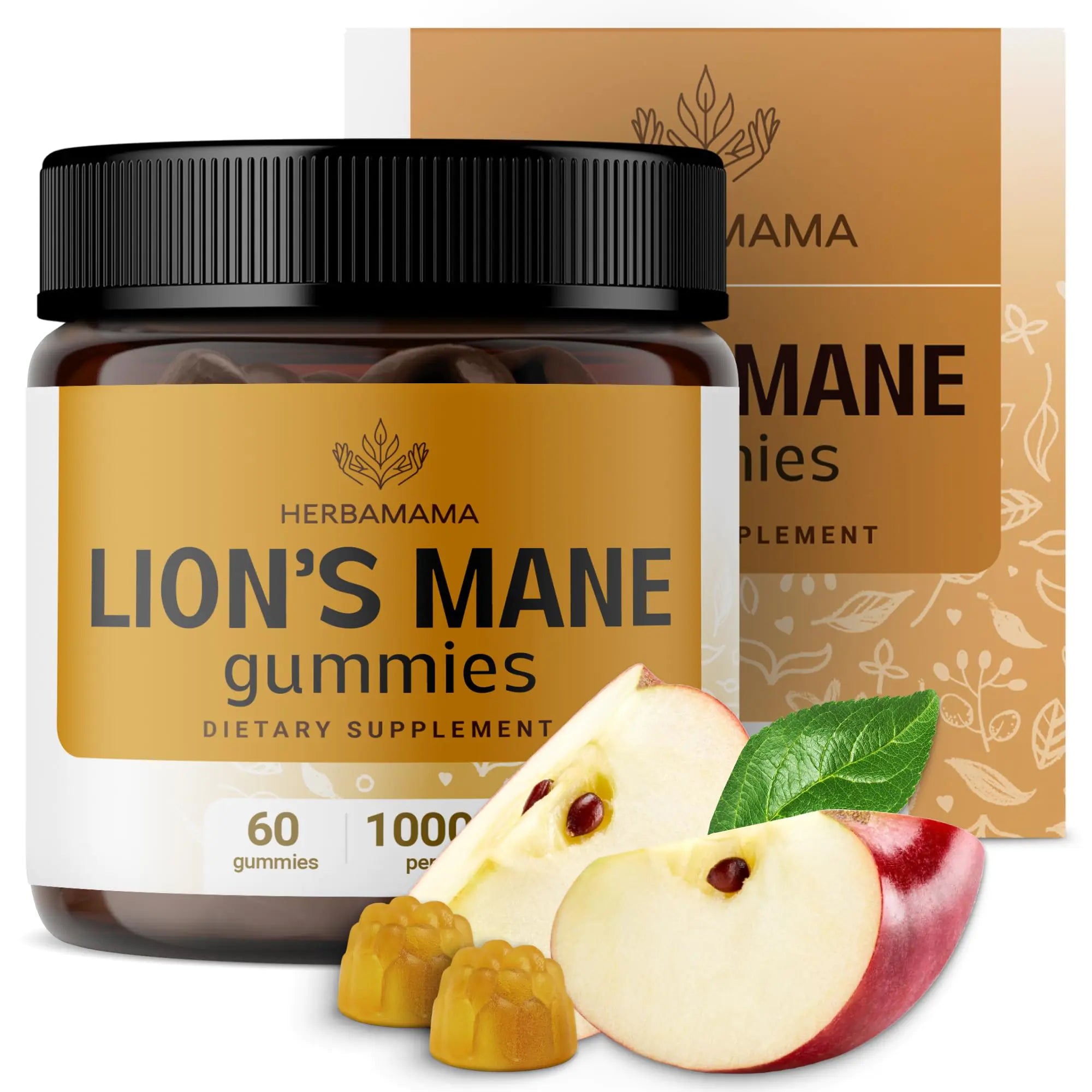 HERBAMAMA Lions Mane Gummies - 1000mg Lions Mane Mushroom for Brain Clarity Support - Vegan Non-GMO Focus Supplement for Adults - 60 Pectin-Based Apple-Flavored Chews