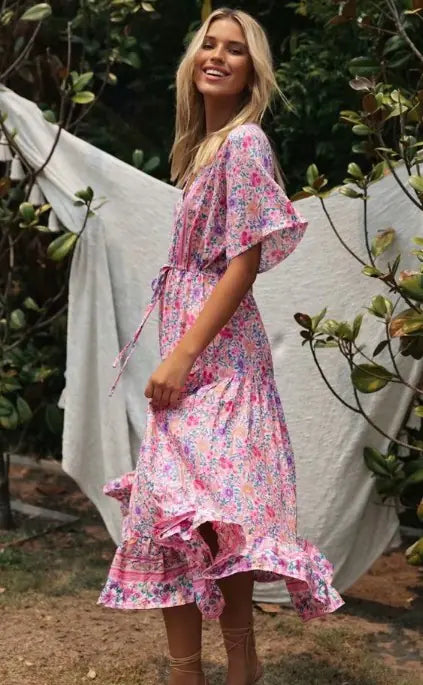 Pink Floral V-Neck Long Dress for Women - Joomcy