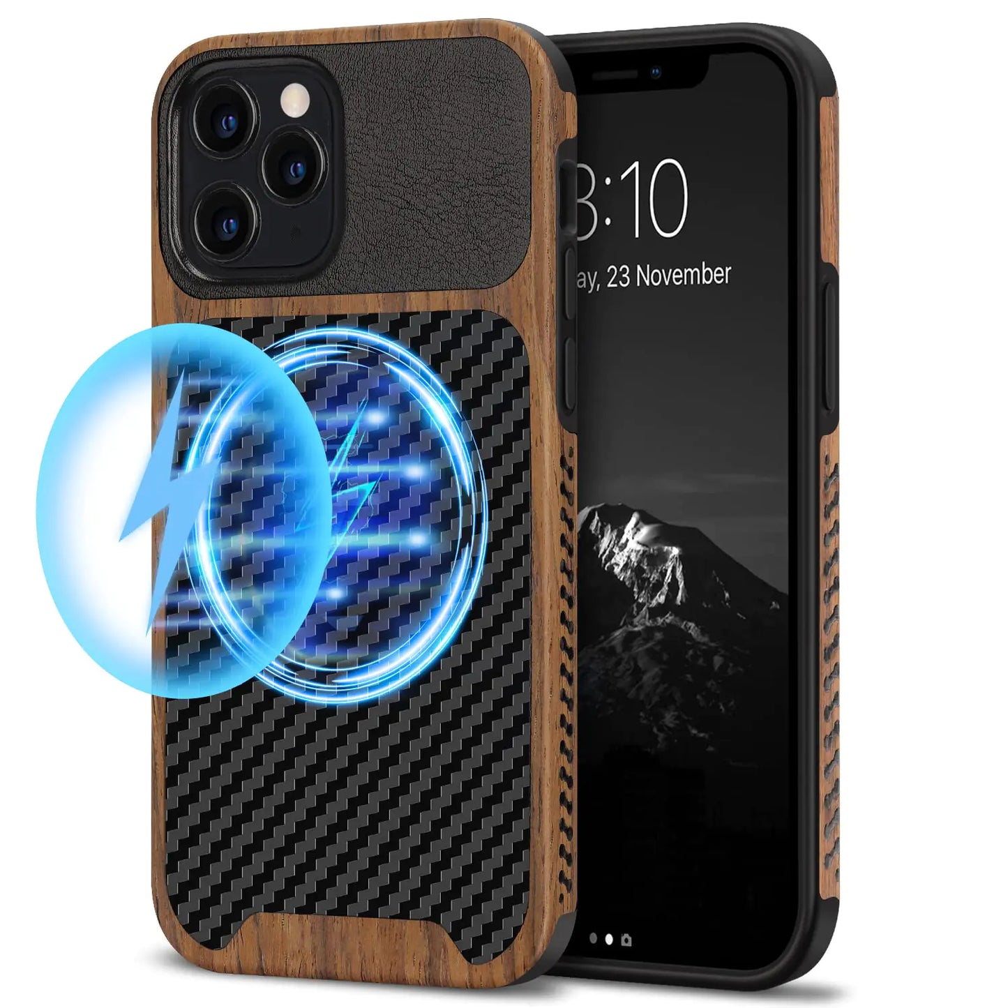 TENDLIN Compatible with iPhone 12 Case/iPhone 12 Pro Case Wood Grain with Carbon Fiber Texture Design Leather Hybrid Case Black - Joomcy