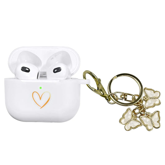 AIIEKZ Compatible with AirPods 3 Case Cover 2021 Soft Silicone Case with Gold Heart Pattern for AirPods 3rd Generation Case with Cute Butterfly Keychain for Girls Women (White) - Joomcy