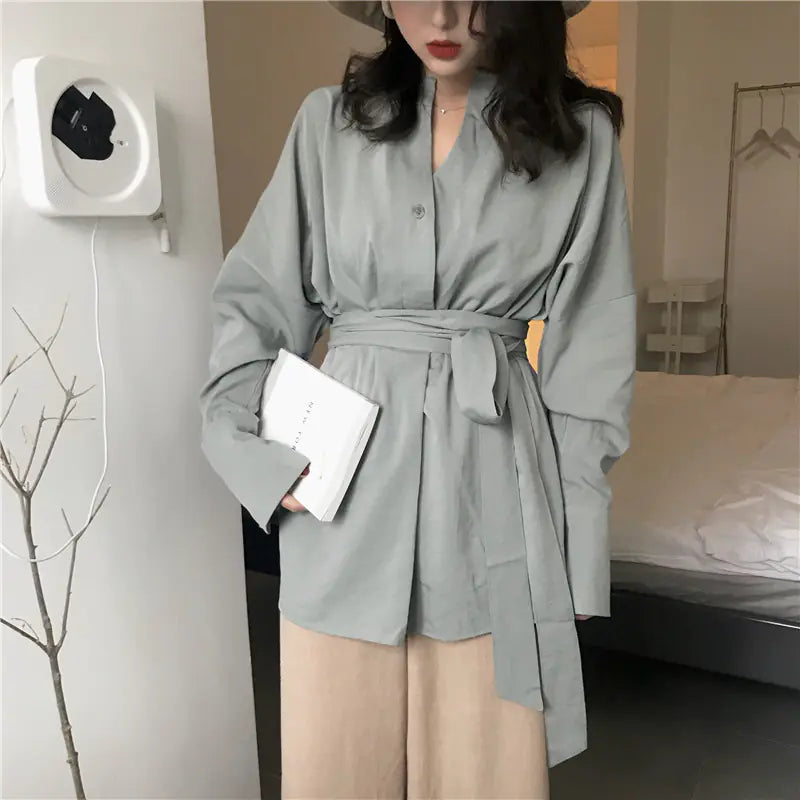 Retro Long Sleeve Tie Shirt with Unique Design - Joomcy