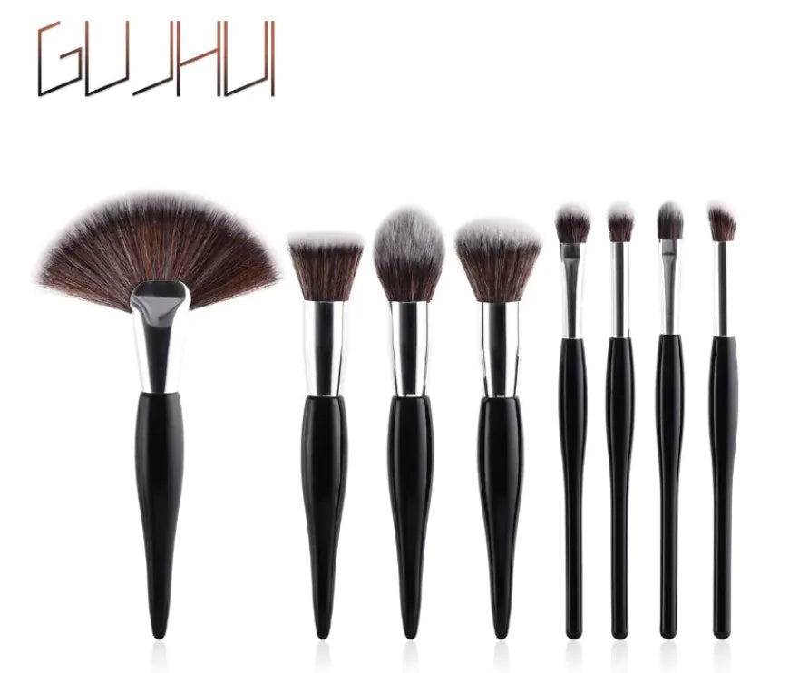 8-Piece Makeup Brush Set with Black Handle and Silver Tubes - Joomcy