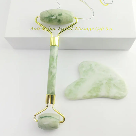 110g Xiu Yu White Jade Facial Roller Gua Sha Set - Joomcy