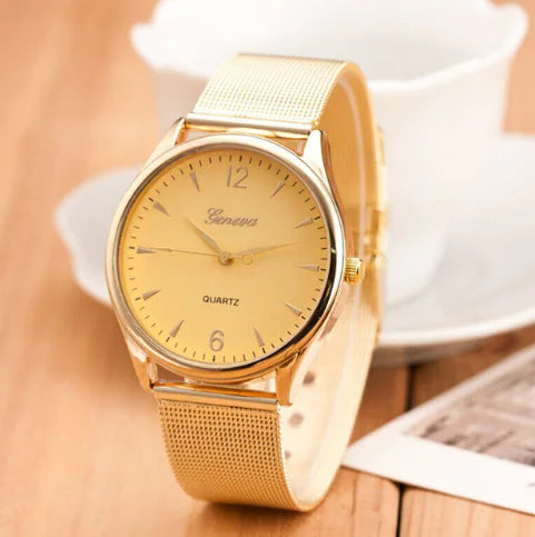 Geneva Watch with Gold Mesh Band and Double Row Diamonds - Joomcy