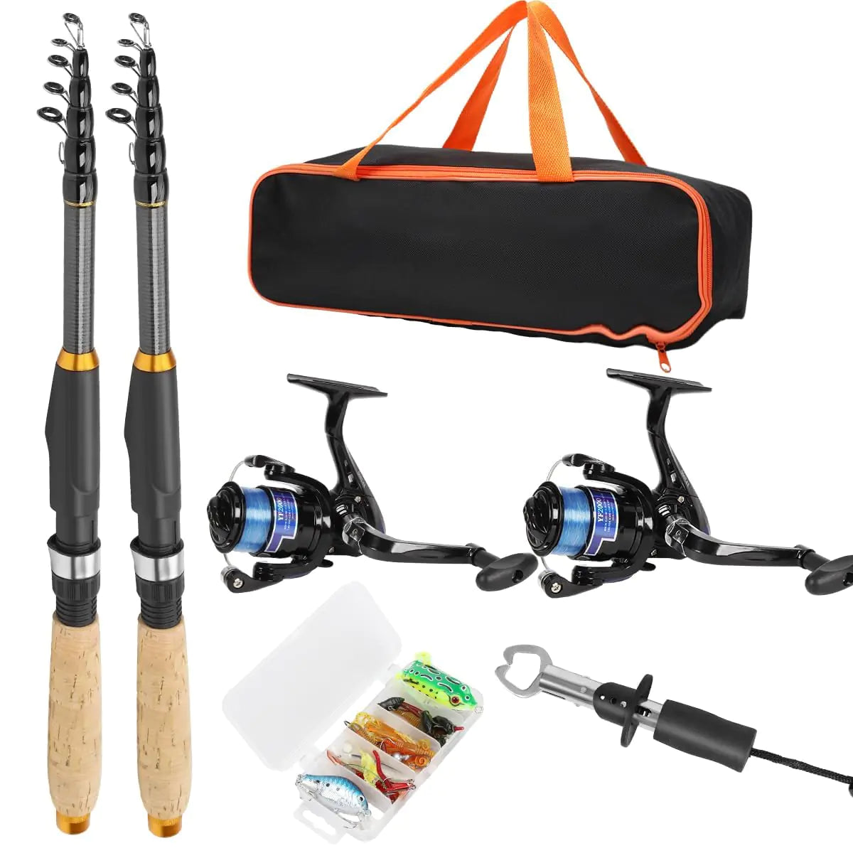 Fishing Rod and Reel Combo 2PCS Telescopic Fishing Pole with Spinning Reel Lures SetFish Lip Gripper and Tackle Bag Saltwater Freshwater Collapsible Fishing Kit for Beginner Adults