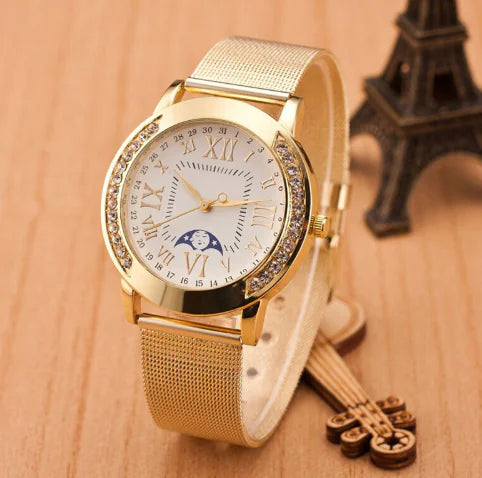 Geneva Watch with Gold Mesh Band and Double Row Diamonds - Joomcy