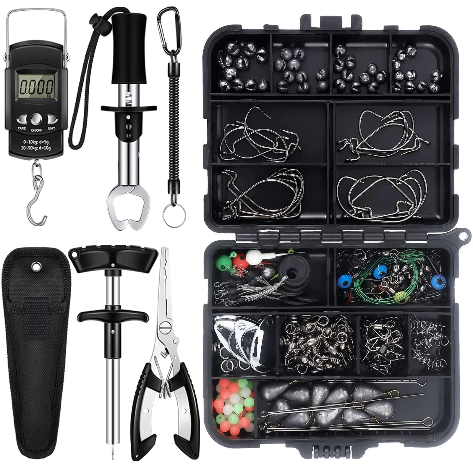 Hungdao 252 Pcs Fishing Tool Kit Include Terminal Tackle Kit Fish Hook Remover Tool Fish Lip Gripper Digital Fish Scale Fishing Pliers Fishing Lanyard Sheath Fishing Gear with Tackle Box (Classic)