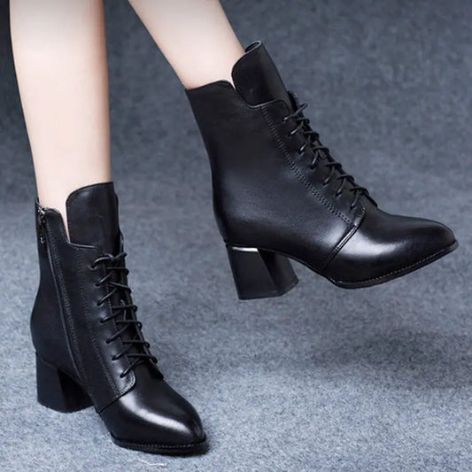 Korean Style Mid Tube Leather Martin Boots with Zipper - Joomcy