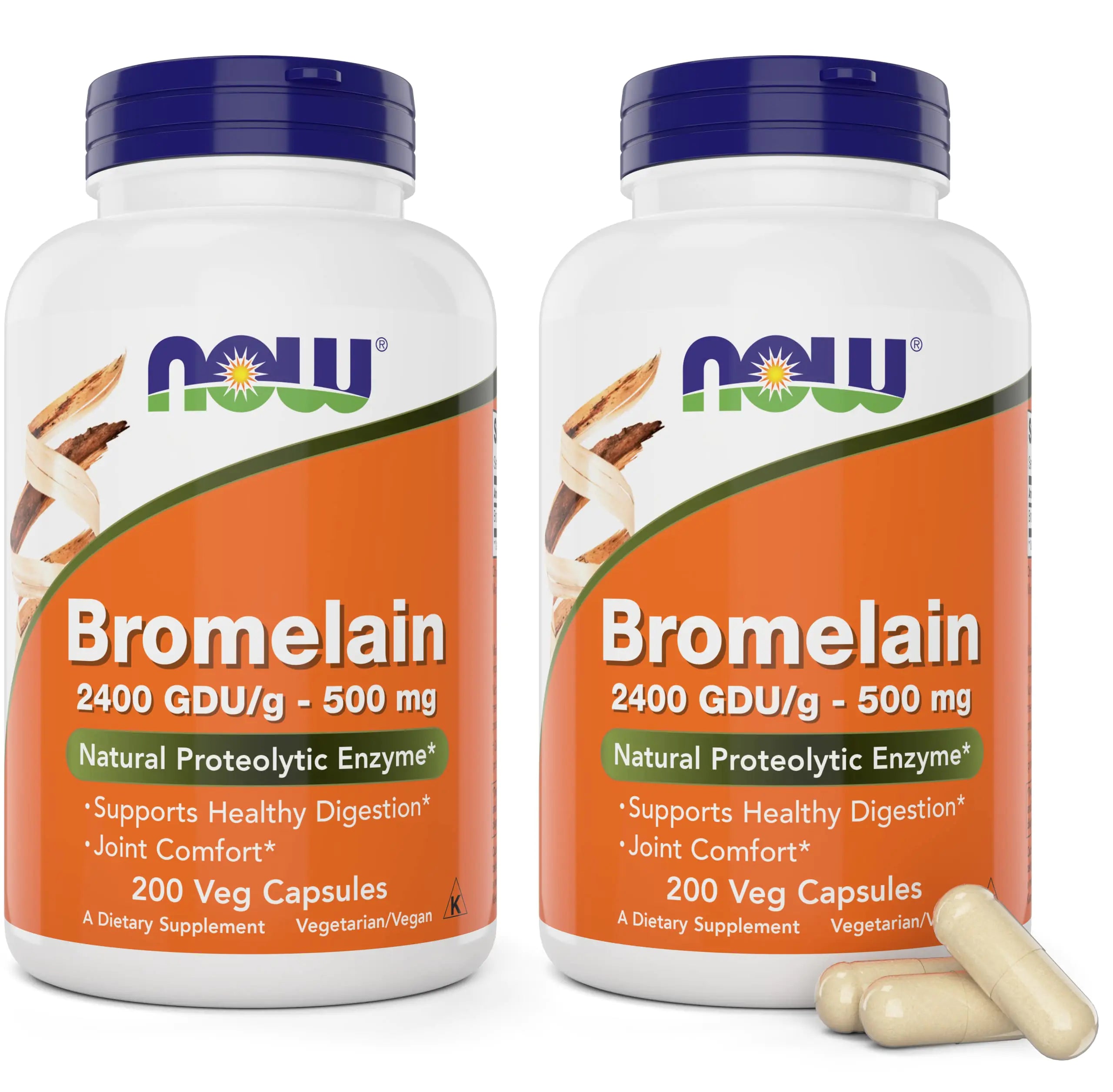 Now Bromelain 500 mg 200 Veg Capsules (Pack of 2) Supplement - Non-GMO Vegan 500mg Caps