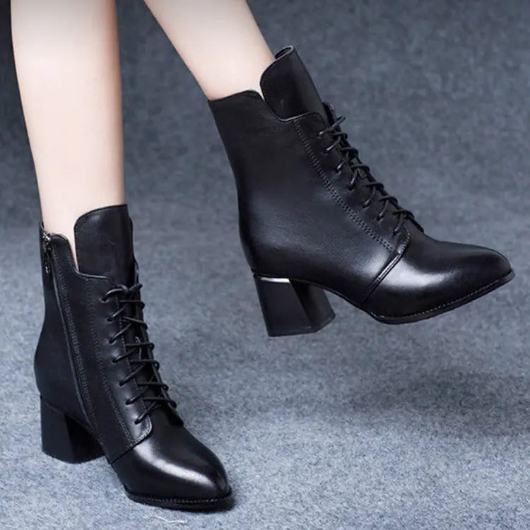 Korean Style Mid Tube Leather Martin Boots with Zipper - Joomcy