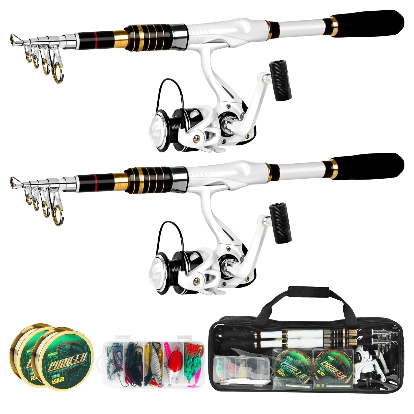 White Fishing Pole Combo 6.89FT/2.1M 2PCS Telescopic Fishing Rod and Reel Combo Spinning Reels Lures Set Fishing Line Carrier Bag for Travel Saltwater Freshwater Fishing Collapsible Fishing Kits