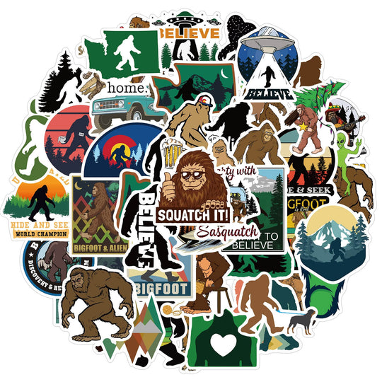 Zutena 50pcs Sasquatch Stickers for Water Bottles Cups Tumblers Cars Bumper Laptop SkateboardWaterproof Vinyl Funny Big Foot Apes Decals for Kids Party Favors