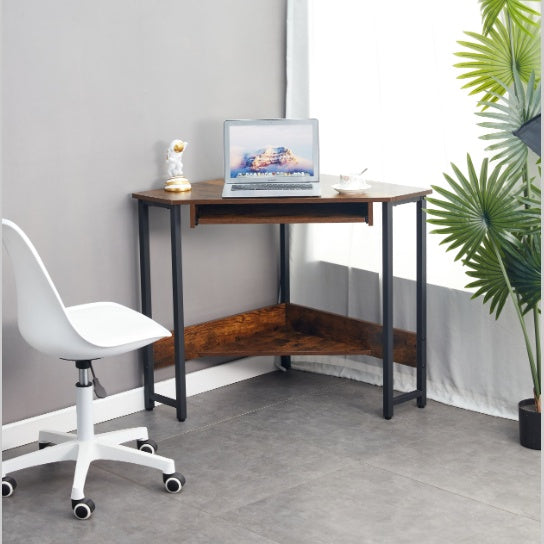 Triangle Computer Desk, Corner Table With Sleek Keyboard Tray And Storage Shelves As A Workstation For Small Spaces
