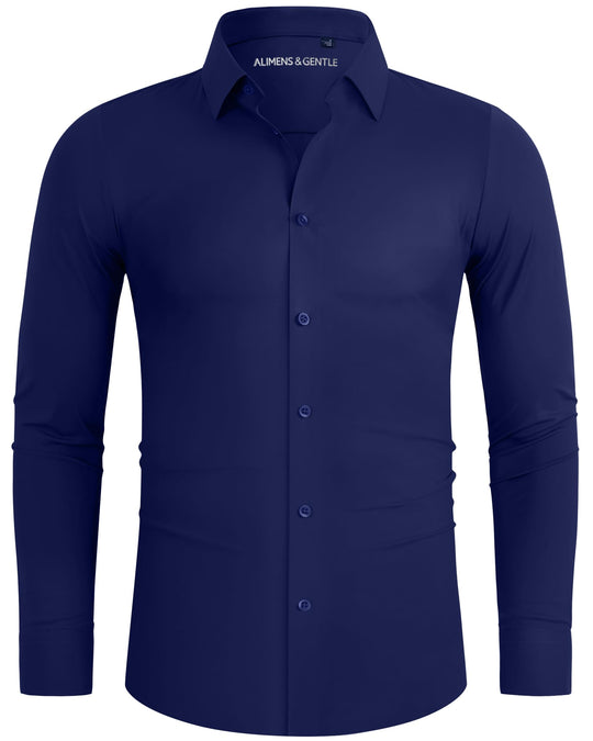 Alimens & Gentle Mens Dress Shirts 16-Way Stretch Slim Fit Long Sleeve Button Down Shirts Wrinkle Free Traveler Shirts Navy Blue