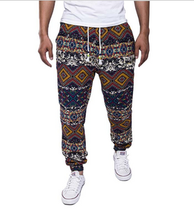 Men's Floral Cotton-Linen Casual Pants with Drawstring
