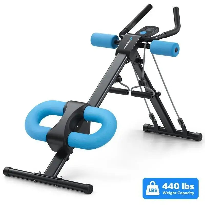 Black and blue adjustable ab crunch machine with padded handles and seat.