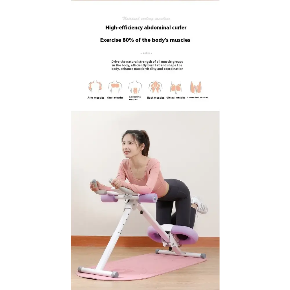 Pink and purple abdominal curler exercise machine with adjustable handles and padded seating.