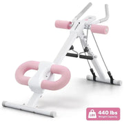 Pink and white ab crunch machine with adjustable resistance bands.