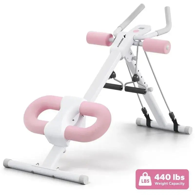 Pink and white ab crunch machine with adjustable resistance bands.