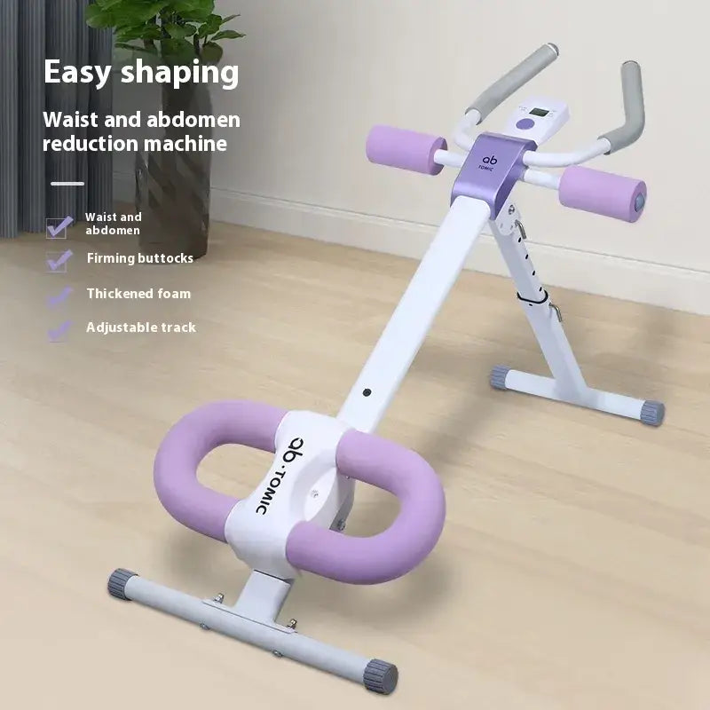 Purple and white ab machine with padded handles and adjustable track for waist and abdomen reduction.