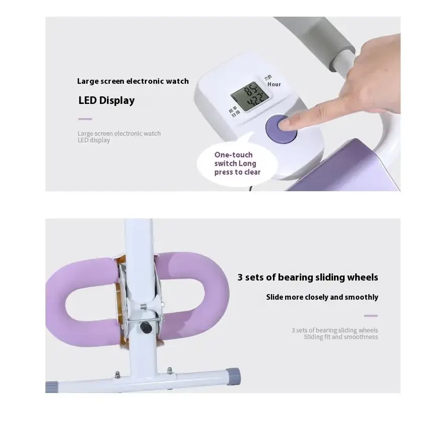 White and lavender exercise bike with digital led display and sliding wheels.