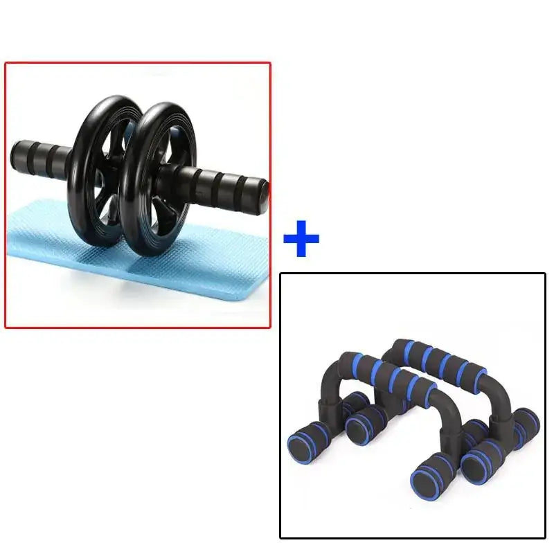 Black and blue ab roller with dual wheels on a textured mat, paired with black push-up bars featuring blue grip sections.