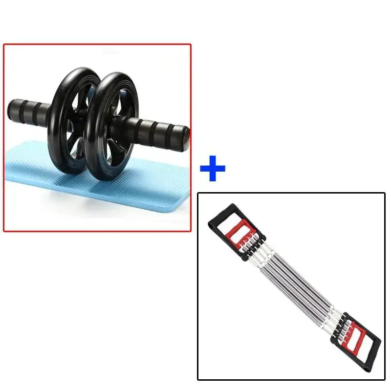 Black ab roller with dual wheels and textured grip handle resting on a blue exercise mat.