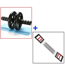 Black ab roller with dual wheels and textured grip handle resting on a blue exercise mat.