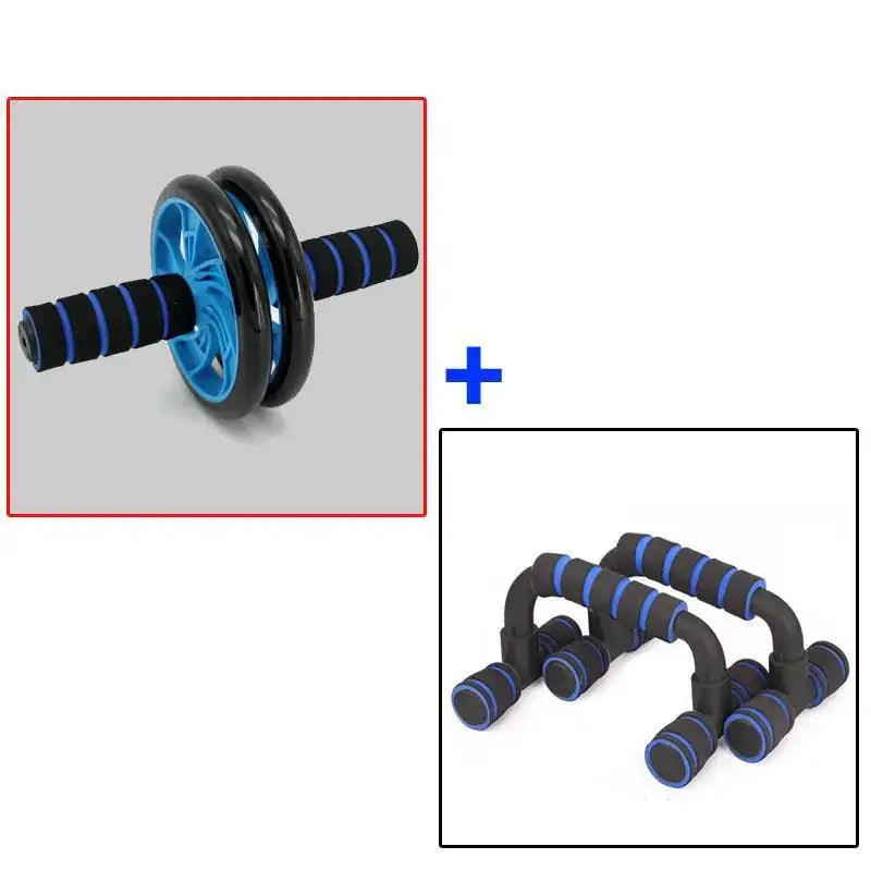 Blue and black ab roller with textured grip handles.