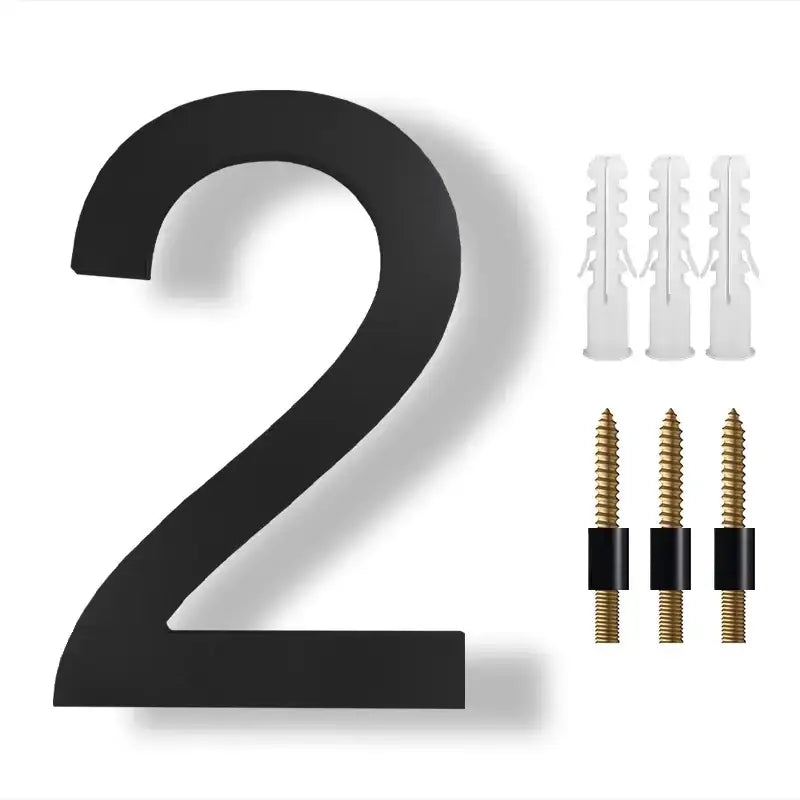 Black, modern-style house number ’2’’ plaque.