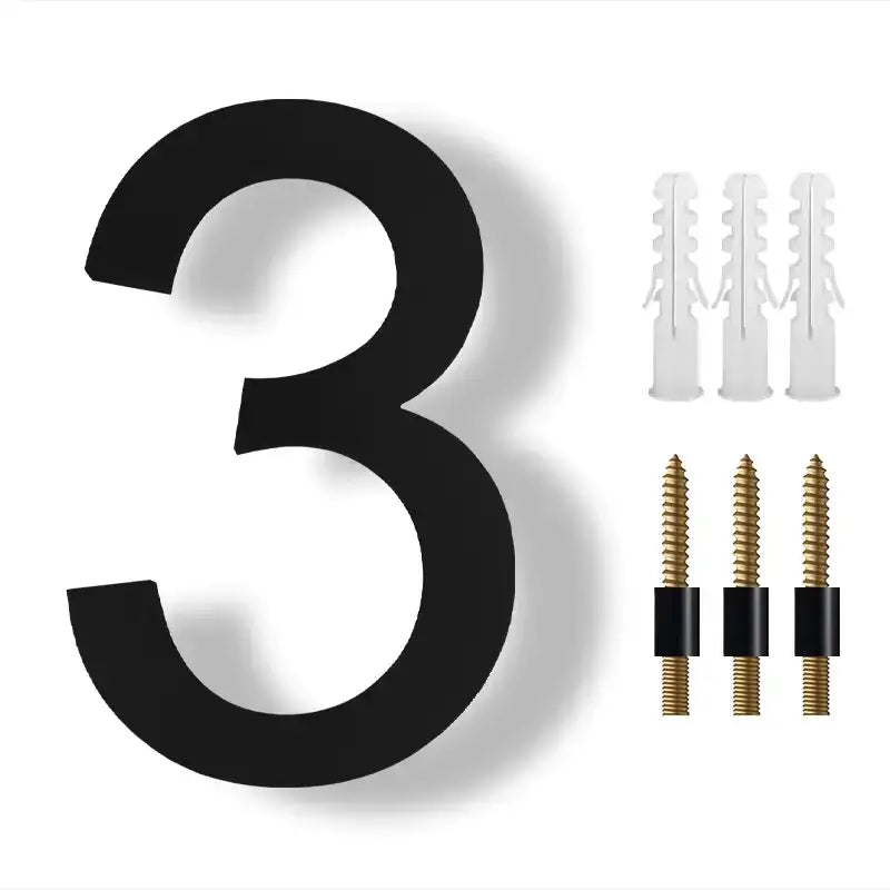 Black, bold, three-dimensional number ’3’ plaque for exterior house numbering.