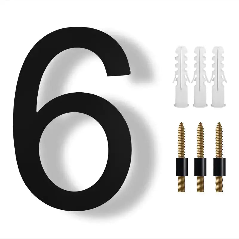 Black, bold, sans-serif number six plaque with a matte finish.