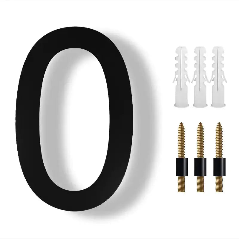 Black, thick, 3d-style house number ’0’’ plaque with mounting hardware.