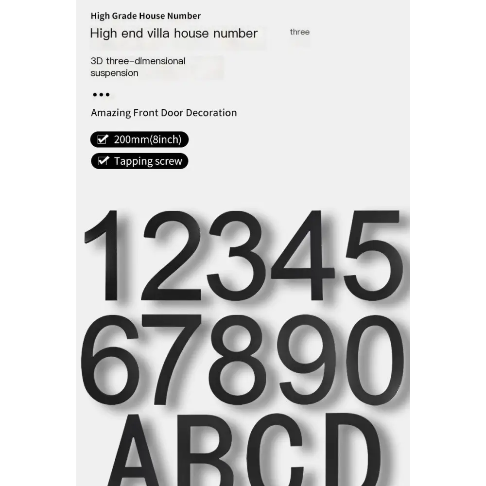Black 3d numerals and letters for high-end villa door decoration.