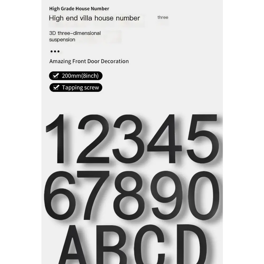 Black 3d numerals and letters for high-end villa door decoration.