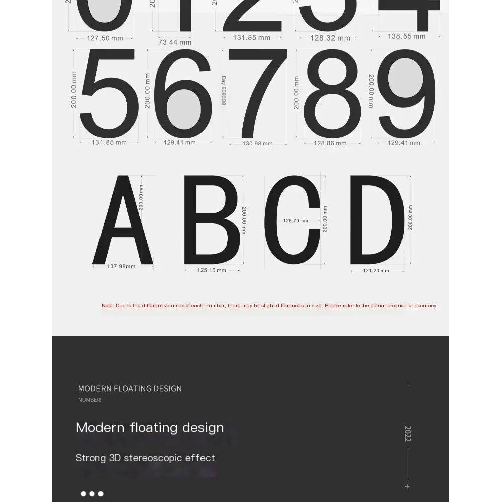 Black, bold sans-serif numerals and letters with precise dimensional measurements printed on a white background.