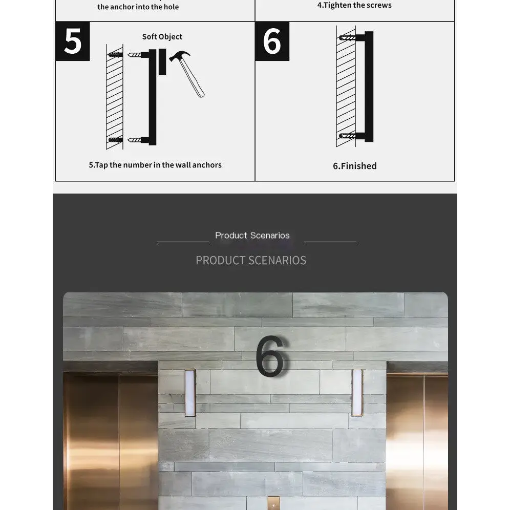 Black, modern number ’6’ wall-mounted plaque with sleek metallic finish.