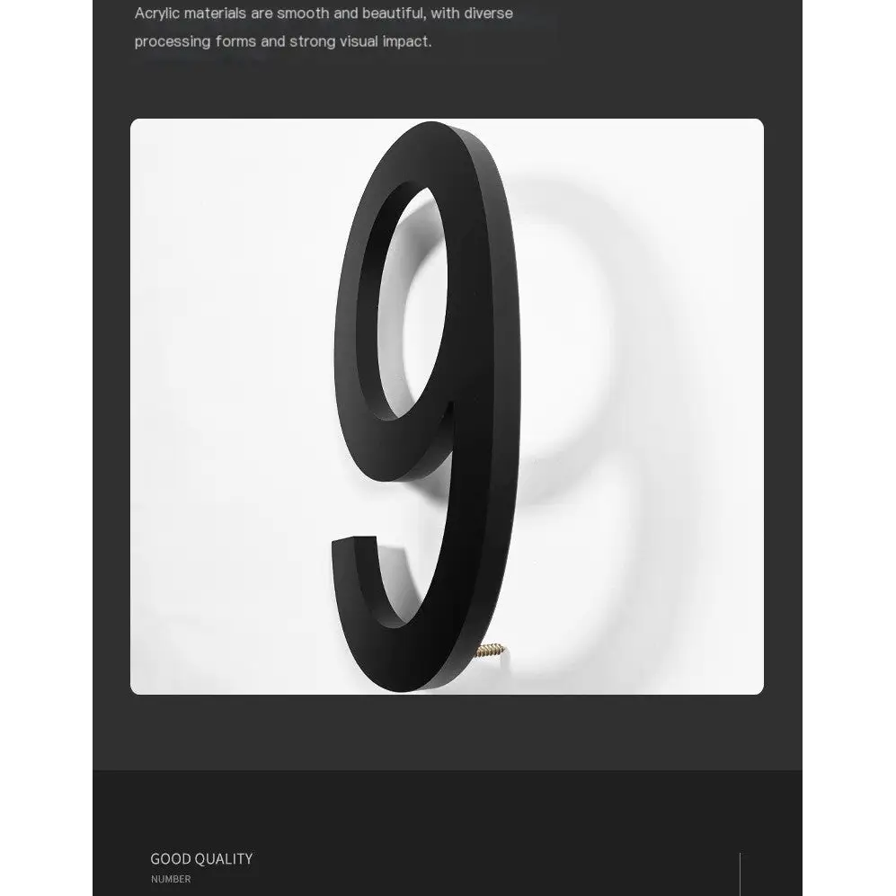 Black acrylic number nine plaque with a sleek, modern design and smooth finish.
