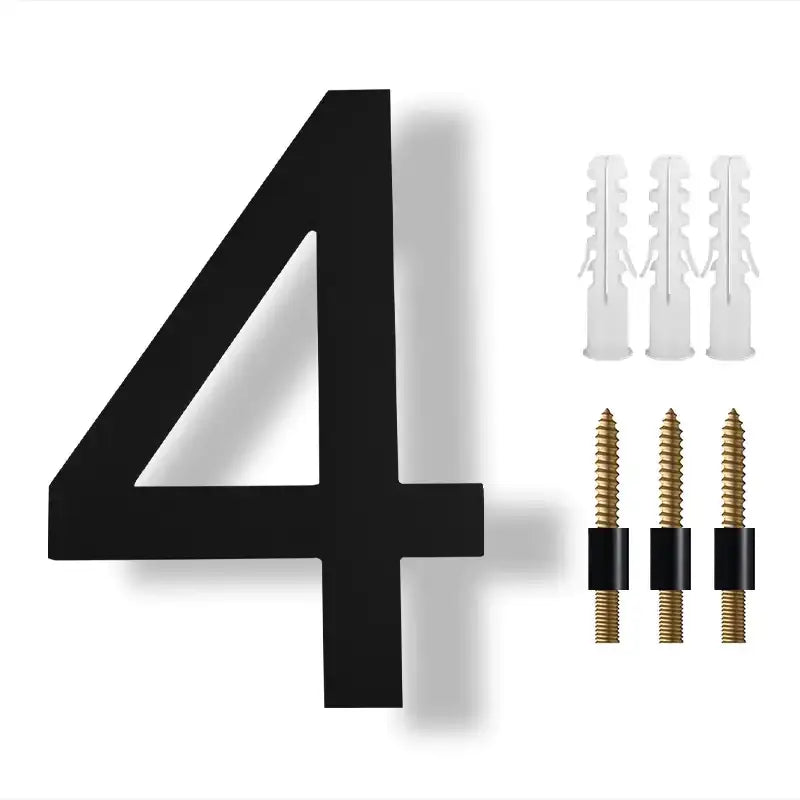 Black, modern-style house number ’4’’ plaque with matching wall anchors and screws for mounting.