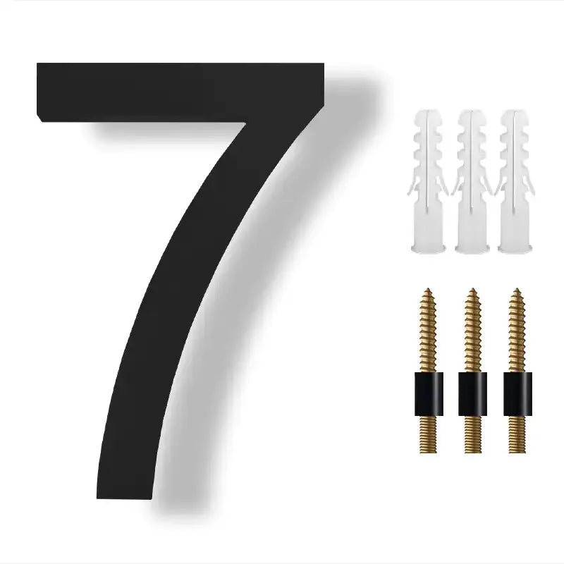 Black, modern-style house number ’7’’ plaque.