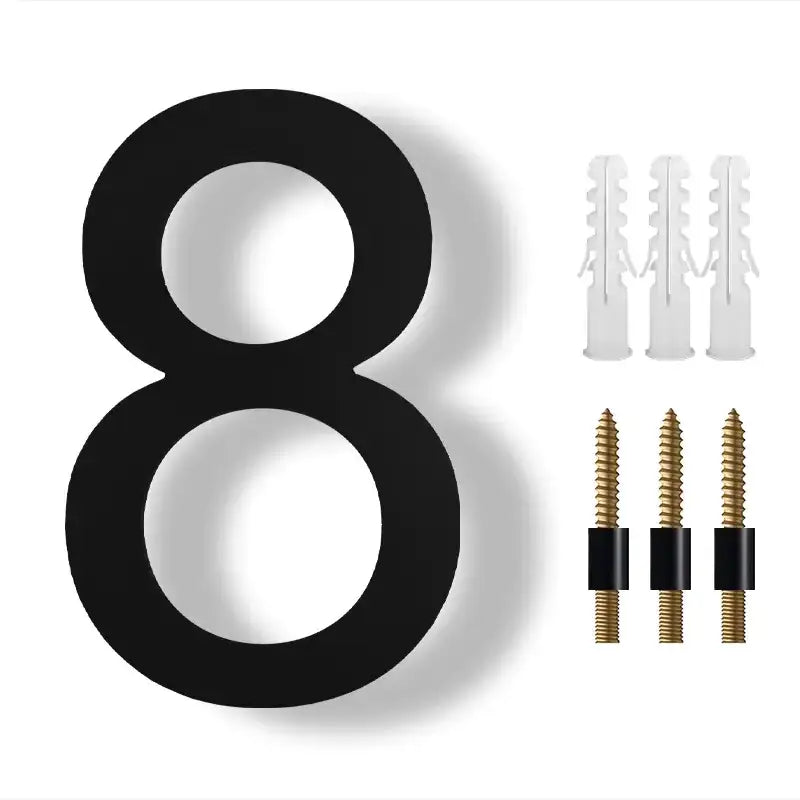 Black number eight house plaque with included mounting hardware.