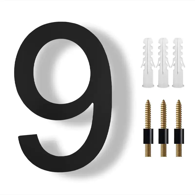 Black, bold, three-dimensional number nine plaque.
