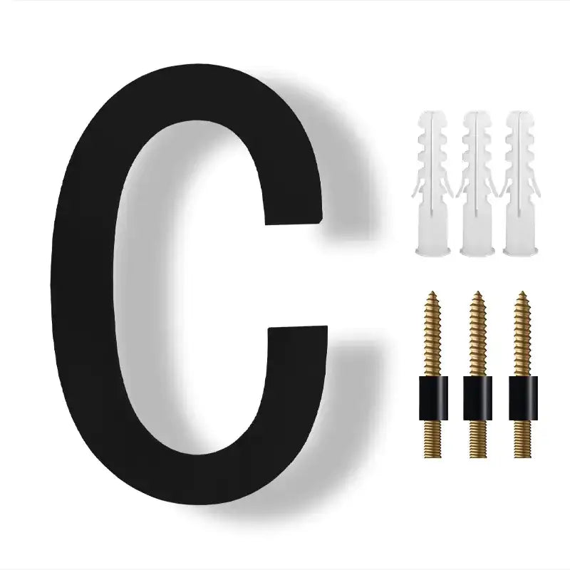Black, three-dimensional letter ’c’ plaque with mounting hardware.