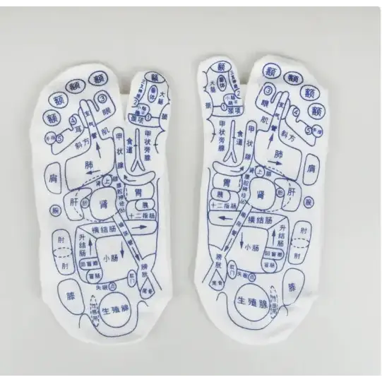 White foot-shaped massage pads with blue printed chinese characters and diagrams.