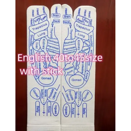 White hand-shaped acupressure mat with blue printed anatomical diagrams and labeled body parts.