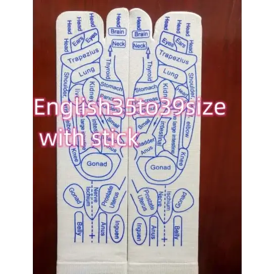 White plastic hand-shaped acupressure tool with blue printed anatomical diagrams.