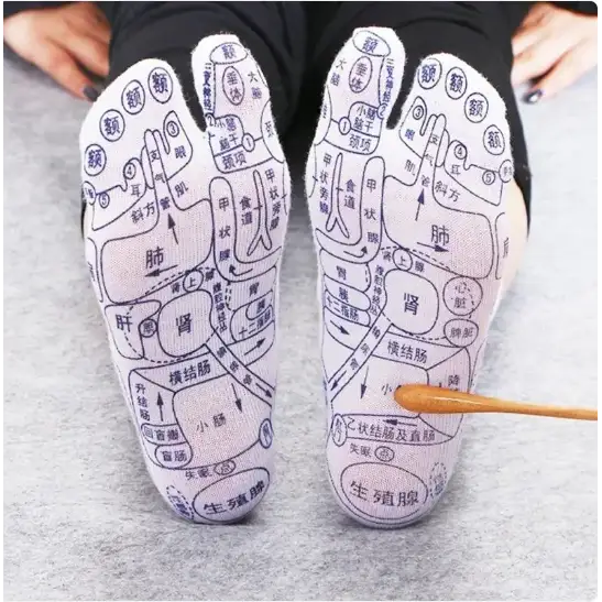 White foot socks with blue chinese characters and diagrams printed on them, designed for traditional acupuncture or reflexology purposes.