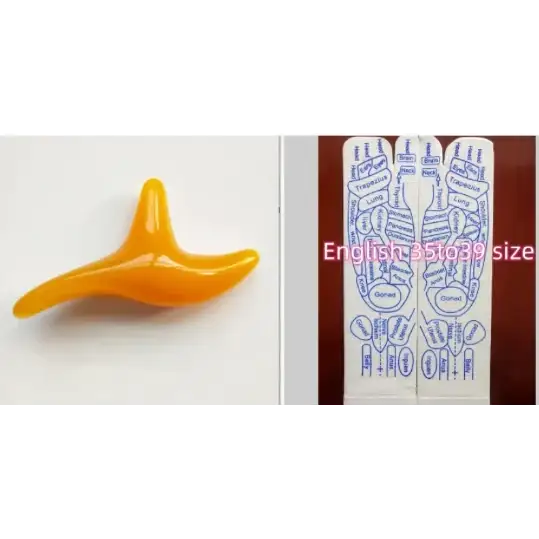 Orange plastic foot reflexology tool with blue printed acupressure points.
