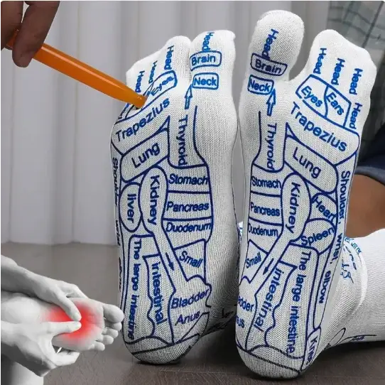 White foot socks with blue printed diagrams of human organs and body parts.